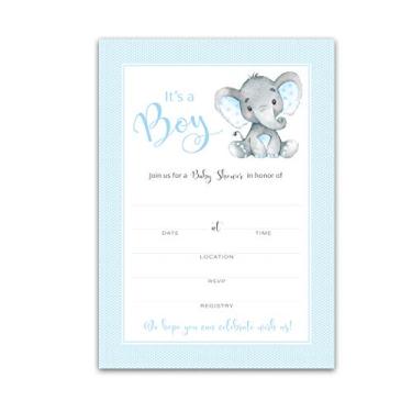 Imagem de IT'S A BOY! — Convites para meninos elefantes para bebês — Pacote com 25 — Convites de preenchimento em branco para chá de bebê de amendoim AZUL, Chic, exclusivo, azul, borrifador para meninos e meninos, convida DIY bolinhas SKU I501-INV1