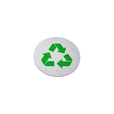 Imagem de Sinais de reciclagem de metal redondos de 5 cm | Marcador de lixeira | Placa para cesta de reciclagem | Alumínio prateado escovado com símbolo de reciclagem verde | Sinais para sustentabilidade