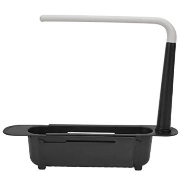Imagem de 2 em 1 rack de armazenamento de pia telescópico atualizado bandeja organizador de pia suporte de sabão com cabide de pano de prato comprimento ajustável ferramentas de cozinha(Black)