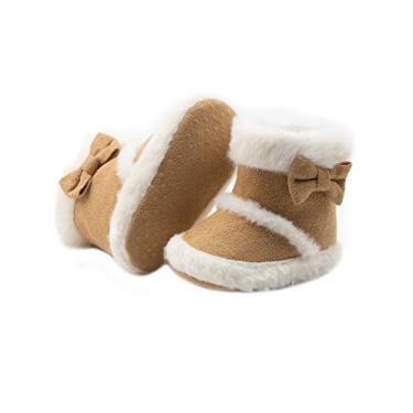 Imagem de Botas de neve Jueshanzj para bebês meninas de pelúcia com laço de inverno antiderrapante Caqui 12-18 meses