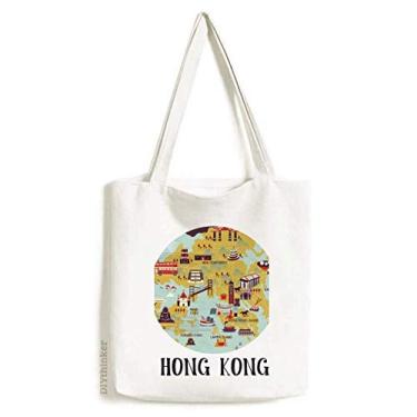 Imagem de Bolsa de lona com mapa de Hong Kong Sightseeing China sacola de compras casual bolsa de mão