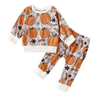 Imagem de Conjunto de roupas de Halloween para meninos e meninas de manga comprida, blusa de abóbora e calça infantil para bebês meninos e meninas, Caqui, 12-18 meses