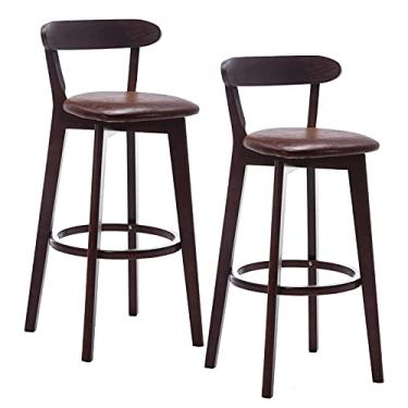 Imagem de Cadeiras de jantar cadeiras de sala de jantar bancos de bar conjunto de 2 cadeiras de couro PU café da manhã cozinha balcão cadeiras de bar sala de estar cafeteria banco alto com pernas de madeira maciça apoio para os pés Tudo está bem