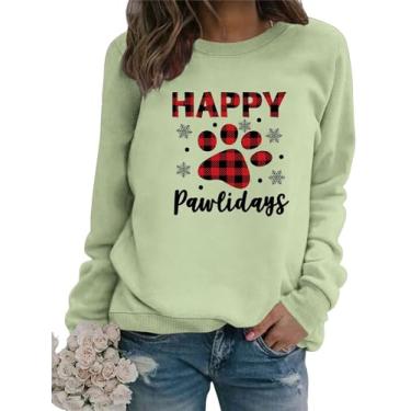 Imagem de Happy Pawlidays Moletom de Natal fofo xadrez pegadas de cachorro floco de neve padrão engraçado presente de Natal moletom feminino, Verde oliva, G