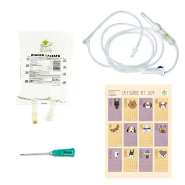 Imagem de 10 Kits Fluidoterapia com Ringer Lactato 250ml + Agulha 25x80mm + Equipo + Caledario Pet Fullcare