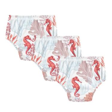 Imagem de GuoChe Cuecas boxer reutilizáveis para meninas pequenas com cavalos marinhos do oceano vermelho, 3 peças, cuecas boxer reutilizáveis, Lindos cavalos-marinhos vermelhos, 5T
