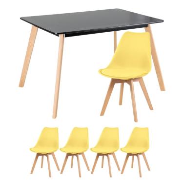 Imagem de Kit - Mesa de jantar retangular 80 x 120 cm preto + 4 cadeiras Leda amarelo