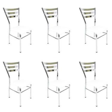Imagem de Kit 6 Cadeiras De Cozinha Com Reforço Cromada Assento Branco - Poltron