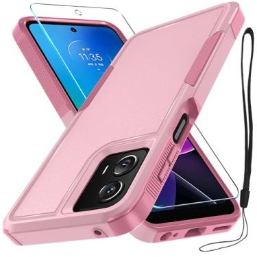 Imagem de Capa para Motorola Moto G Power 5G 2024, capa protetora de celular resistente à prova de choque de corpo inteiro com alça de cordão, protetor de tela de vidro temperado, rosa fofo