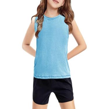 Imagem de Haloumoning Camiseta regata infantil sem mangas atlética leve linda verão roupa de dança 5-14 anos, Azul, 13-14 Anos