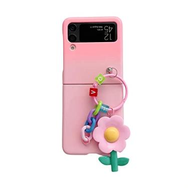 Imagem de Capa para meninas fofas para Galaxy Z Flip 3 cor gradiente, rosa capa feminina para Z Flip 3 Kawaii Flower Case Love Heart Strap Chain, linda capa de plástico feminina para Samsung Z Flip 3