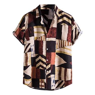 Imagem de Camiseta masculina casual com estampa de lapela solta cor contrastante estilo étnico manga curta abotoada praia verão camiseta masculina, Bronze, XXG