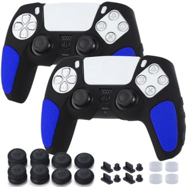 Imagem de YoRHa Capas protetoras antiderrapantes para controle PS5 x 2 (preto + azul) com 8 alças de polegar, plugues x 8, protetores analógicos x 4