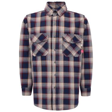 Imagem de KONRECO Camisas masculinas FR 184 g uniforme de trabalho leve resistente a chamas camisa de soldagem/repelente de água e manchas, Botões xadrez azul-marinho, XXG