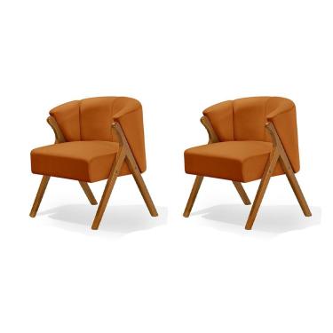 Imagem de Kit 2 Poltronas Luxo Moderna Luna Pés em Madeira Maciça Veludo Terracota