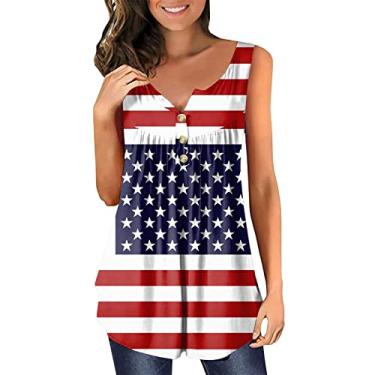 Imagem de Camiseta regata feminina Independence Day sem mangas, com botões, bandeira americana, listras, Azul, G
