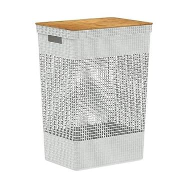 Imagem de Ou Cesto de Roupas com Tampa de Bambu 49L Branco Oceano Linha Grid