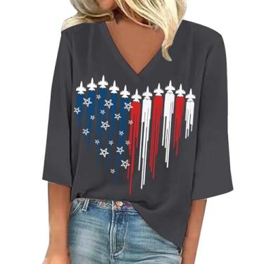 Imagem de PKDong 4th of July Shirts Women American Flag Heart Graphic 3/4 Camiseta feminina patriótica 4 de julho, Cinza, 3G