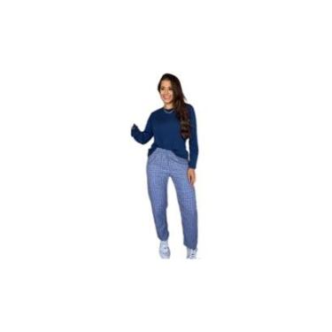 Imagem de Conjunto pijama feminino calça xadrez blusa manga longa lisa-Feminino