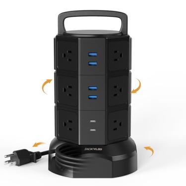 Imagem de Power Strip Surge Protector Tower JACKYLED Estação de carregamento elétrica 10 Tomadas CA 4 portas USB com cabo de extensão resistente de 2 m para escritório em casa laptop preto