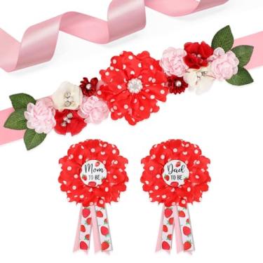 Imagem de Vansolinne Conjunto de corpete de faixa de maternidade de morango Mom to Be Dad to Be Corsage Berry Sweet Theme Baby Shower Decorações vermelho rosa cinto de barriga revelado gênero festa lembrança