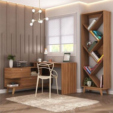 Imagem de Escritório Completo Desk com Escrivaninha em L com 2 Portas e Estante para Livros Nogal