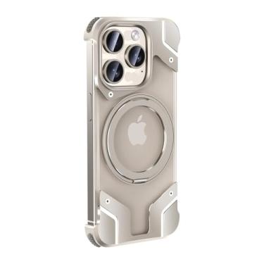 Imagem de Capa de telefone com suporte sem aro de liga de alumínio magnética para iPhone 14 13 15 Pro Max Transparente PC capa à prova de choque, titânio primário, para iPhone 13