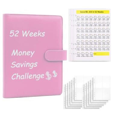 Imagem de Fichário de desafio de economia de dinheiro 52 semanas, fichário de orçamento de 3 desafios A5 com envelopes de dinheiro, planejador de orçamento para orçamento, economia de dinheiro, rosa