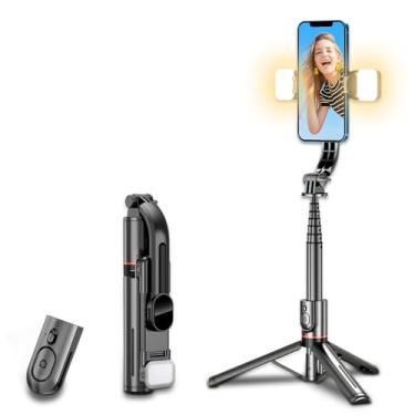 Imagem de H’MASTON Pau de Selfie Tripé para Celular Bastão de Selfie com Controle Remoto Bastão de Selfie e Luz de LED Duplo Bluetooth Retrátil ZP-12 (Preto)