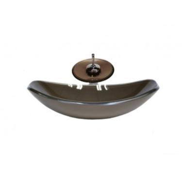 Imagem de Cuba de Vidro Oval Chanfrada 46cm com Válvula Torneira Cascata Jateada