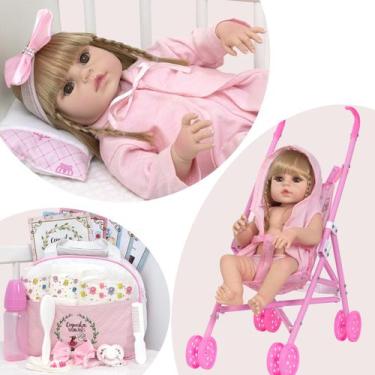 Imagem de Bebê Reborn Com Carrinho Corpo Vinil Completa Vários Itens - Cegonha R