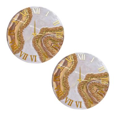 Imagem de Kit 2 Relógios De Parede Grande 60cm Luxo - Fundo Branco Perolado Com Dourado E Marrom
