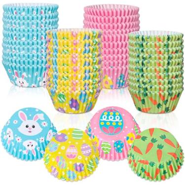 Imagem de JarThenaAMCS 600 peças de forros de cupcake multicoloridos descartáveis para Páscoa, com 4 estilos e 150 peças por design, adequados para bolos, muffins, doces e outros lanches