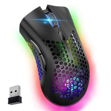Imagem de VEGCOO Mouse para jogos sem fio, C23, clique silencioso, sem fio, recarregável, com luzes LED coloridas e bateria de lítio de 3 níveis DPI 400 mAh para laptop e computador (preto)