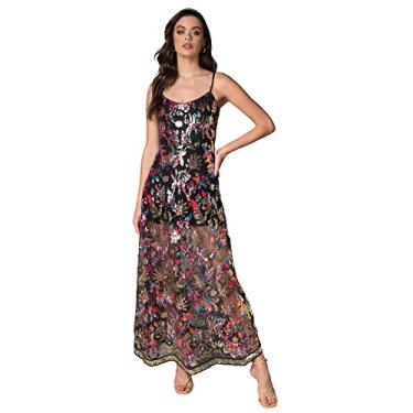 Imagem de Dress the Population Vestido longo feminino Umalina Fit and Flare, Dourado multi, P