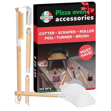 Imagem de Senwosa Kit de acessórios indispensáveis para forno de pizza: Casca de pizza 30,48 cm, garfo giratório de pizza e estourador de bolhas, forno de pizza e escova de pedra com raspador, conjunto de ferramentas de forno de pizza a gás e lenha - alças extralongas