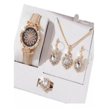 Imagem de Kit Feminino Pedra Cravejada + Relógio Rose Banhado a Ouro - ToJoia18k