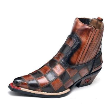 Imagem de Bota Country Masculina Bico Fino Western Couro Legitimo Detalhe Xadrez