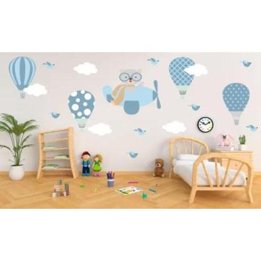 Imagem de Adesivo De Parede Quarto Infantil Urso Aviador Balões Azul - pinkie