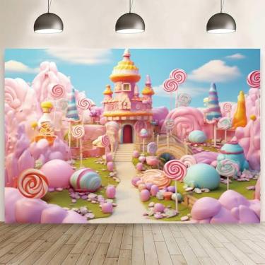 Imagem de 2,1 x 1,5 m fundo rosa candyland desenho animado fantasia doces castelo decorações de fundo doce colorido pirulito creme fotografia banner meninas crianças festa de aniversário adereços de cabine de