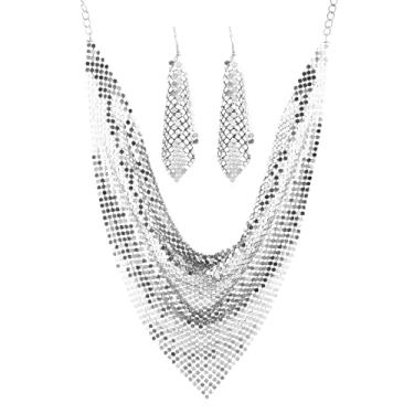 Imagem de COLORFUL BLING Gargantilha de metal grosso com lantejoulas, franja grossa, pirâmide com franja grossa, colar de lantejoulas, para mulheres, meninas, bijuterias, metal, Liga metálica.