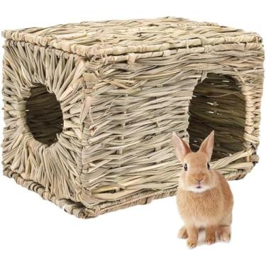 Imagem de LWINGFLYER 2Pcs Rabbit Grass House Woven Folding Beds Sleeping Chew Toys para Pequenos Animais Coelho Hamster Chinchilas Guiné Pet Cama de Feno