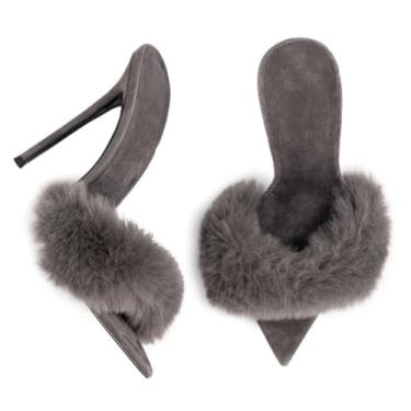 Imagem de UNWRBD Sandálias femininas de pelúcia de 12 cm de tamanho grande, bico fino, quente, estiloso, salto alto