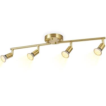 Imagem de JQiRe Kit de iluminação de trilho de 4 luzes LED, luzes de teto douradas de 4 vias, cabeças de luz giratórias flexíveis, luminárias de pista dobráveis, incluídas 4 lâmpadas LED GU10 (4W 400LM branco