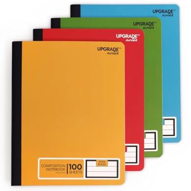 Imagem de UPGRADE NOTES Caderno de composição, papel pautado largo, resiste a vazamento de tinta, 100 folhas, tamanho 25 x 19 cm. Cores sólidas: azul, vermelho, verde e amarelo; pacote com 4