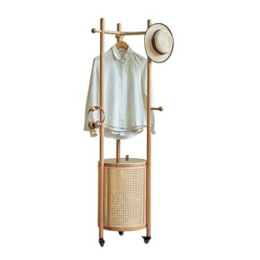 Imagem de LICONG-2020 Cabideiro de chão de madeira maciça cabideiro doméstico móvel cabideiro de roupas redondas de vime sujo cesta de roupas para quarto de pé cabideiro, suporte de chão (cor de madeira)
