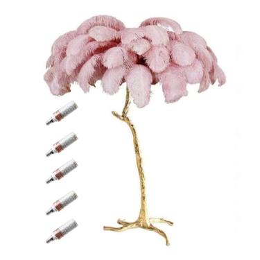 Imagem de Luminária de chão, luminária de chão moderna de penas de avestruz de resina dourada, lâmpada de pé romântica, 3 cores, regulável com interruptor de pé, para sala de estar e quarto