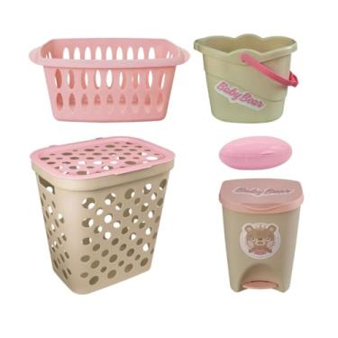 Imagem de Kit 5 Pçs Cesto Roupa Bebê Balde Infanti Lixeira Saboneteira (rosa)