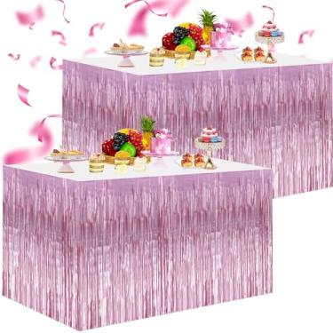Imagem de 3 pacotes de saias de mesa de franjas metálicas de alumínio 73,66 x 274,32 cm de franja dourada para decoração de festa em banquete de hotel, rosa