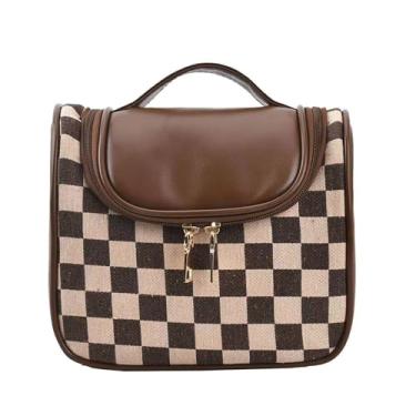 Imagem de UINSUE Bolsa de maquiagem vintage para mulheres, portátil, retrô, estampa quadriculada, organizador de cosméticos estilo patchwork, bolsa de armazenamento para cuidados com a pele, bolsa de